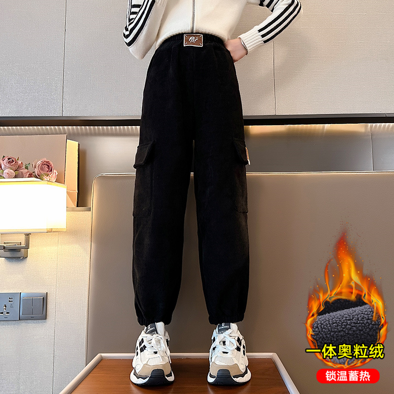 女童冬装一体欧棉绒工装裤2023新款中大童洋气加厚秋冬儿童厚裤子