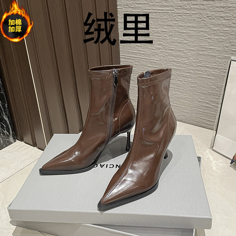 法式短靴女2023秋冬款弹力瘦瘦靴子尖头细跟高跟短筒马丁靴单靴