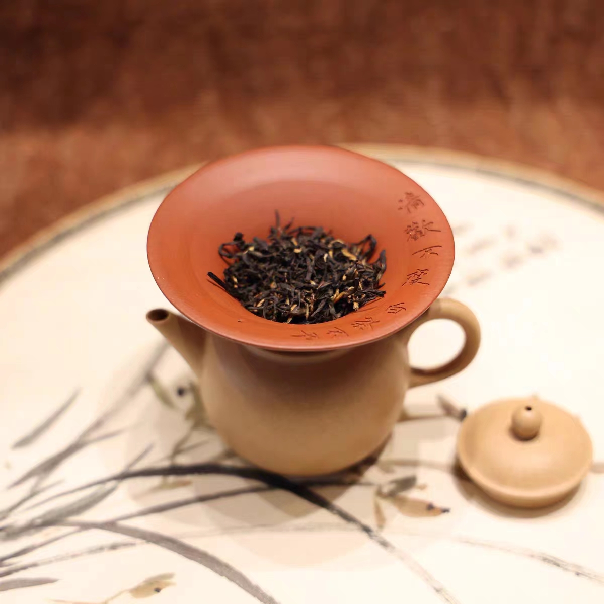 【观一茶堂】观一器寻臣斗笠投茶器紫砂清水泥刻绘诗文茶道配件