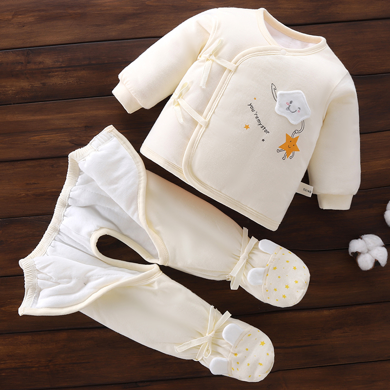 新生婴儿衣服秋冬季夹棉套装0-3初生宝宝分体中厚棉棉衣加厚冬装
