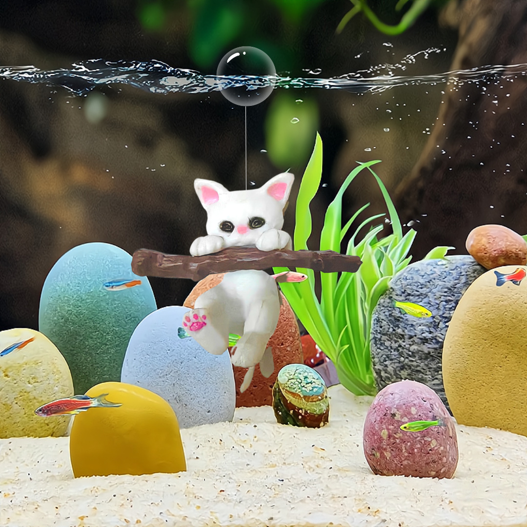 悬浮树枝猫咪创意场景鱼缸装饰造景小挂件带浮球潜水摆件水族用品