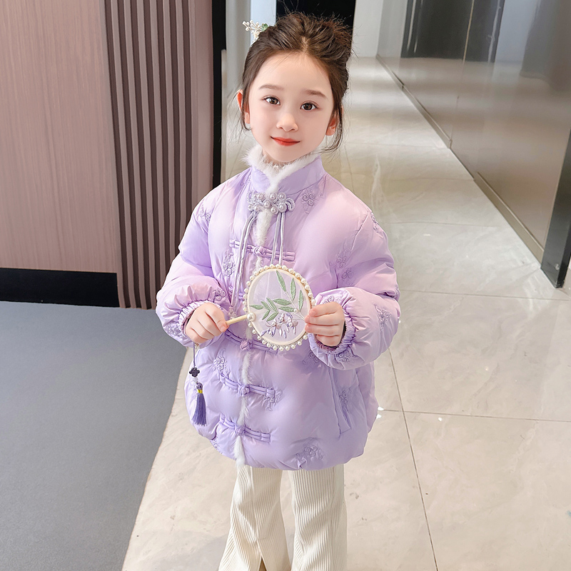 女童绣花盘扣羽绒服中小童冬季休闲宽松洋气外套宝宝加厚保暖冬装