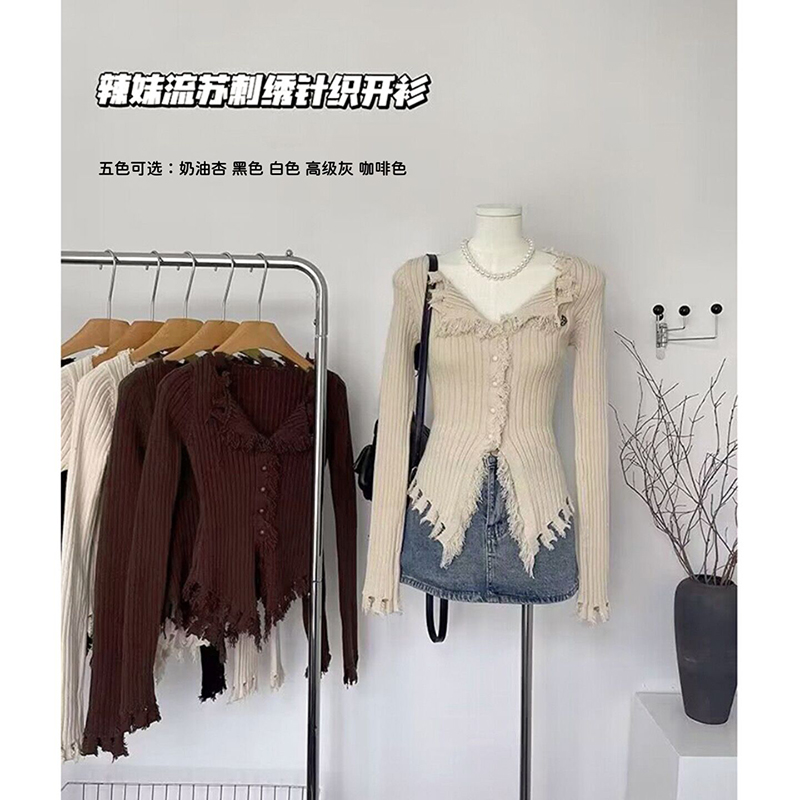 #3366秋冬修身显瘦辣妹针织长袖V领开衫小众不规则五色毛衣