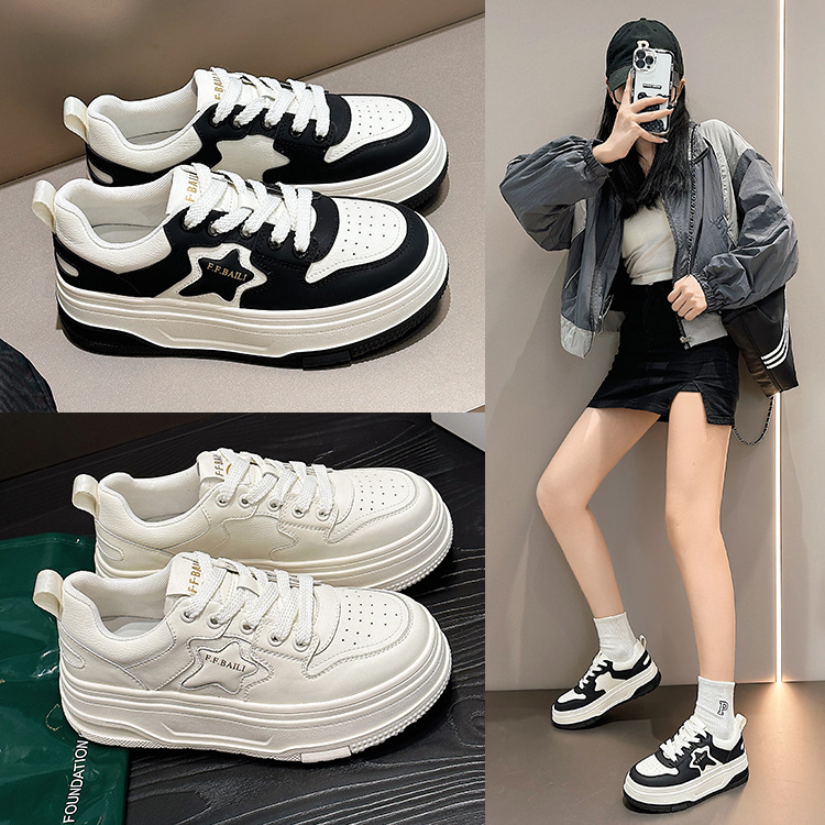 红蜻蜓牌女款真皮2023秋新款百搭女鞋增高厚底板鞋显瘦面包休闲鞋