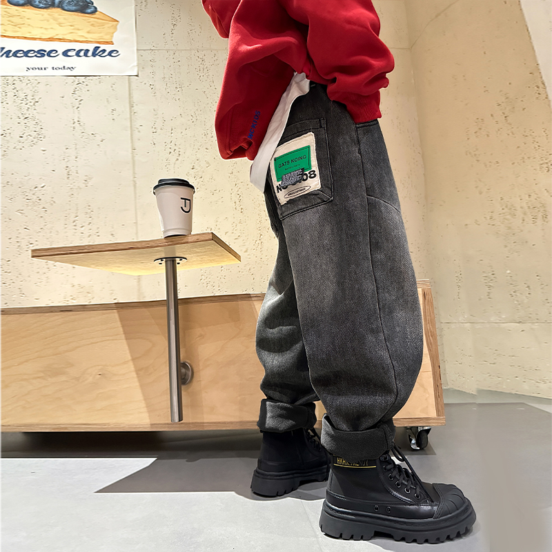 男童加绒牛仔裤秋冬2023新款儿童一体绒裤子6-12岁男孩休闲裤大童