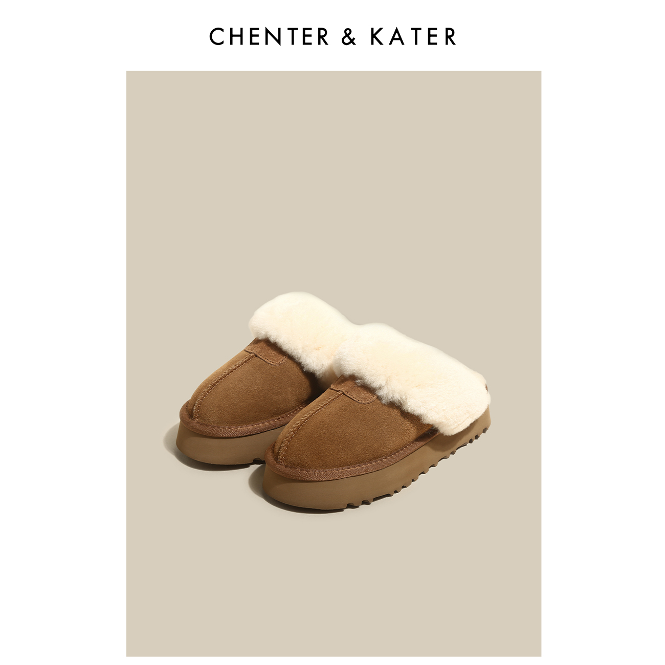 CHENTER&KATER毛拖鞋2023秋冬新款外穿舒适加绒圆头厚底雪地靴女