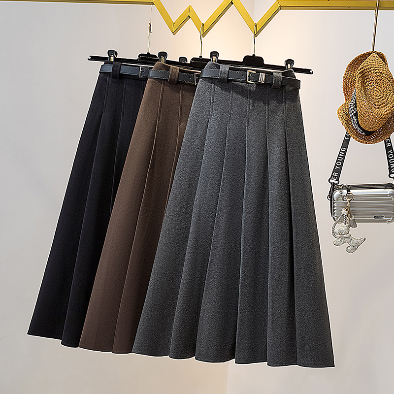 毛呢半身裙秋冬长款时尚高腰气质显瘦松紧腰冬裙胖妹妹大码百褶裙
