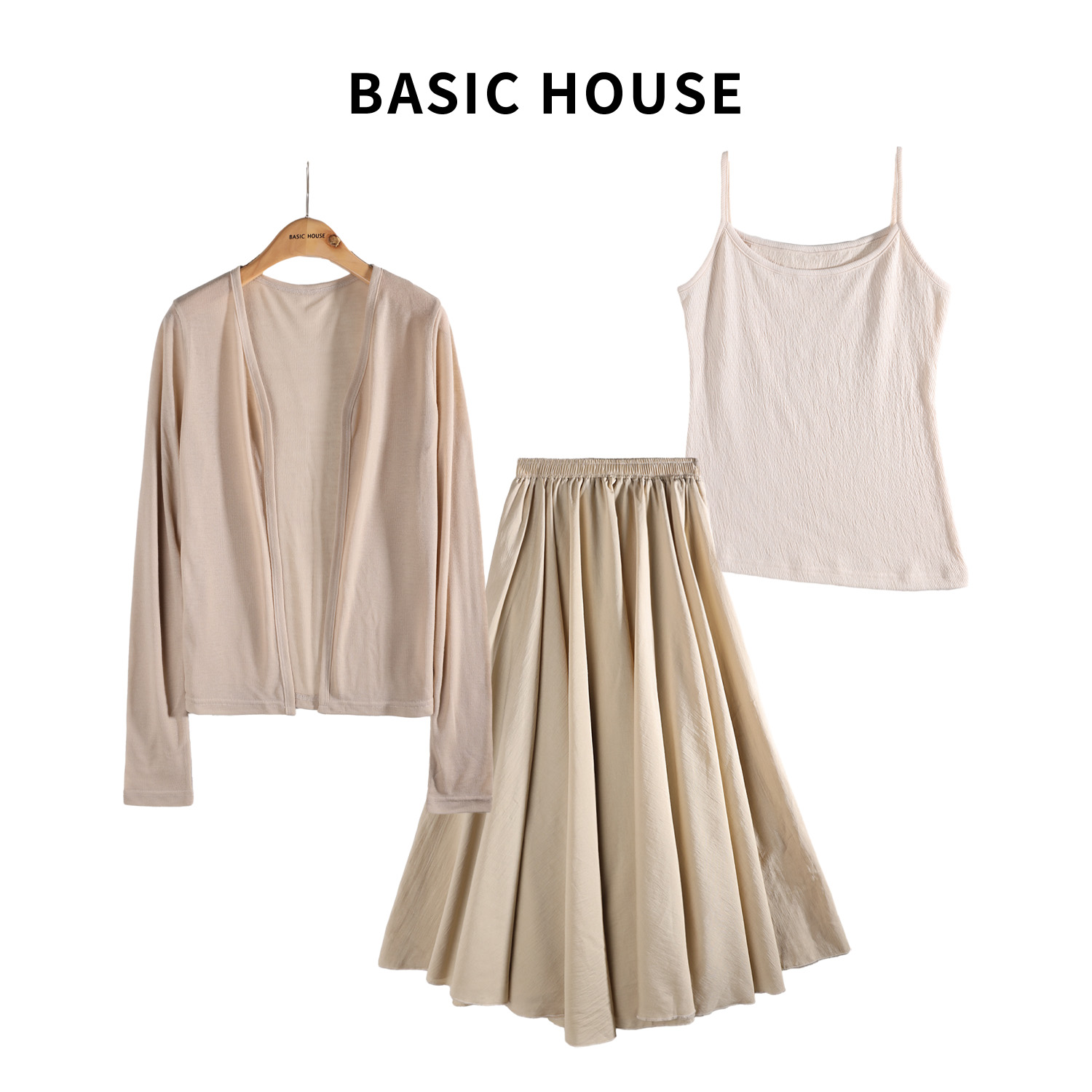 Basic House/百家好JH春款时尚气质开衫防晒三件套吊带半身裙女士