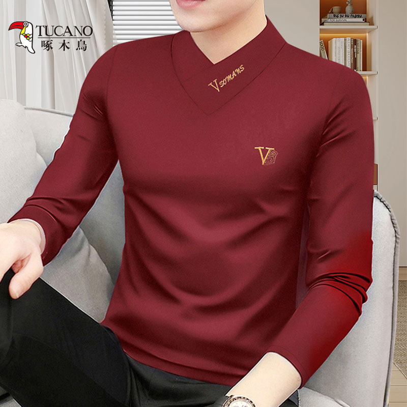 啄木鳥男式长袖t恤衫2023新款秋冬季加绒加厚品质男装打底衫-XP