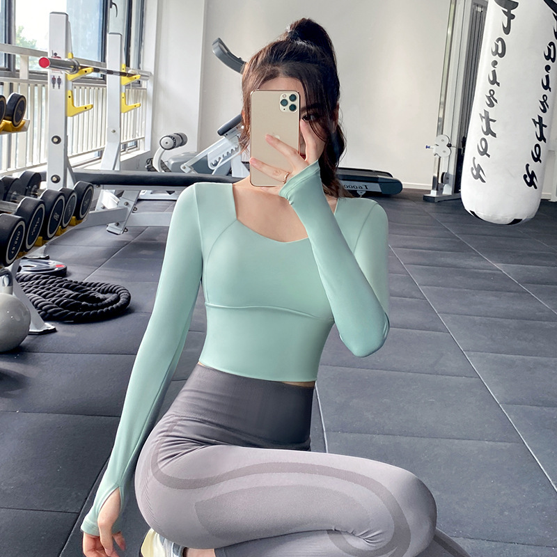 瑜伽服女胸垫运动上衣健身健身服春秋瑜伽健身服2024健身显瘦长袖