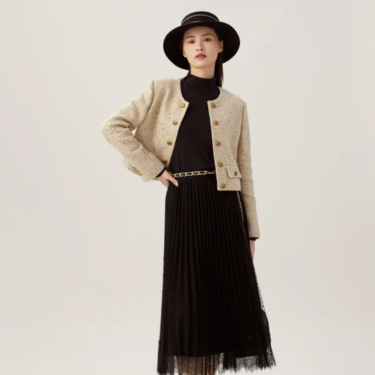 GIRDEAR哥弟热力感羊毛复古粗花呢时尚短款小香风外套1400680