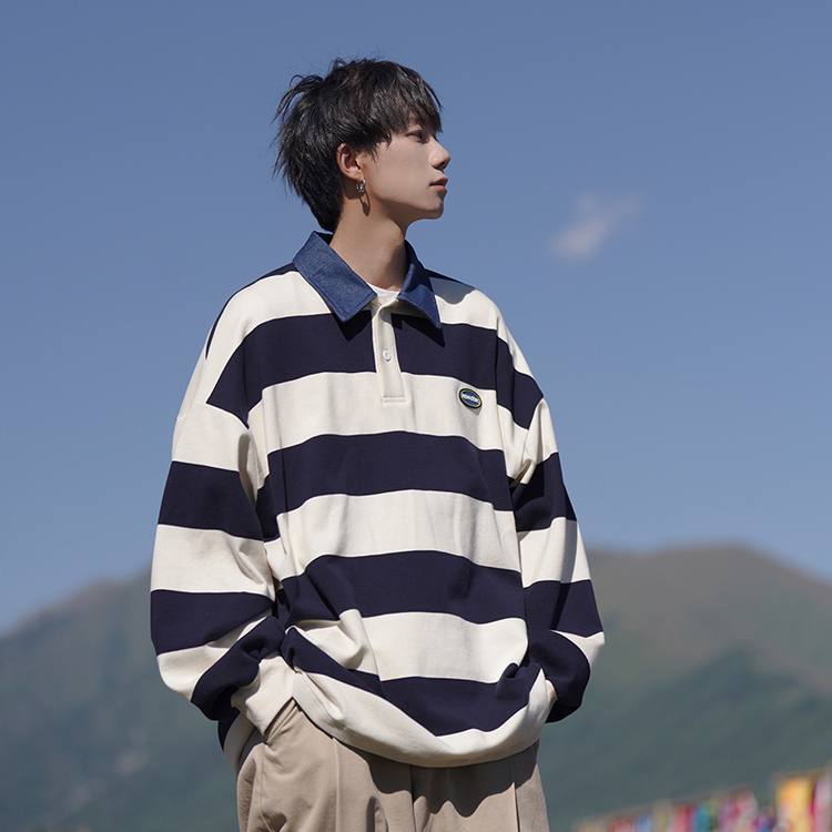 【ARTSMAN】日系条纹翻领卫衣秋季宽松撞色polo衫长袖学院风上衣