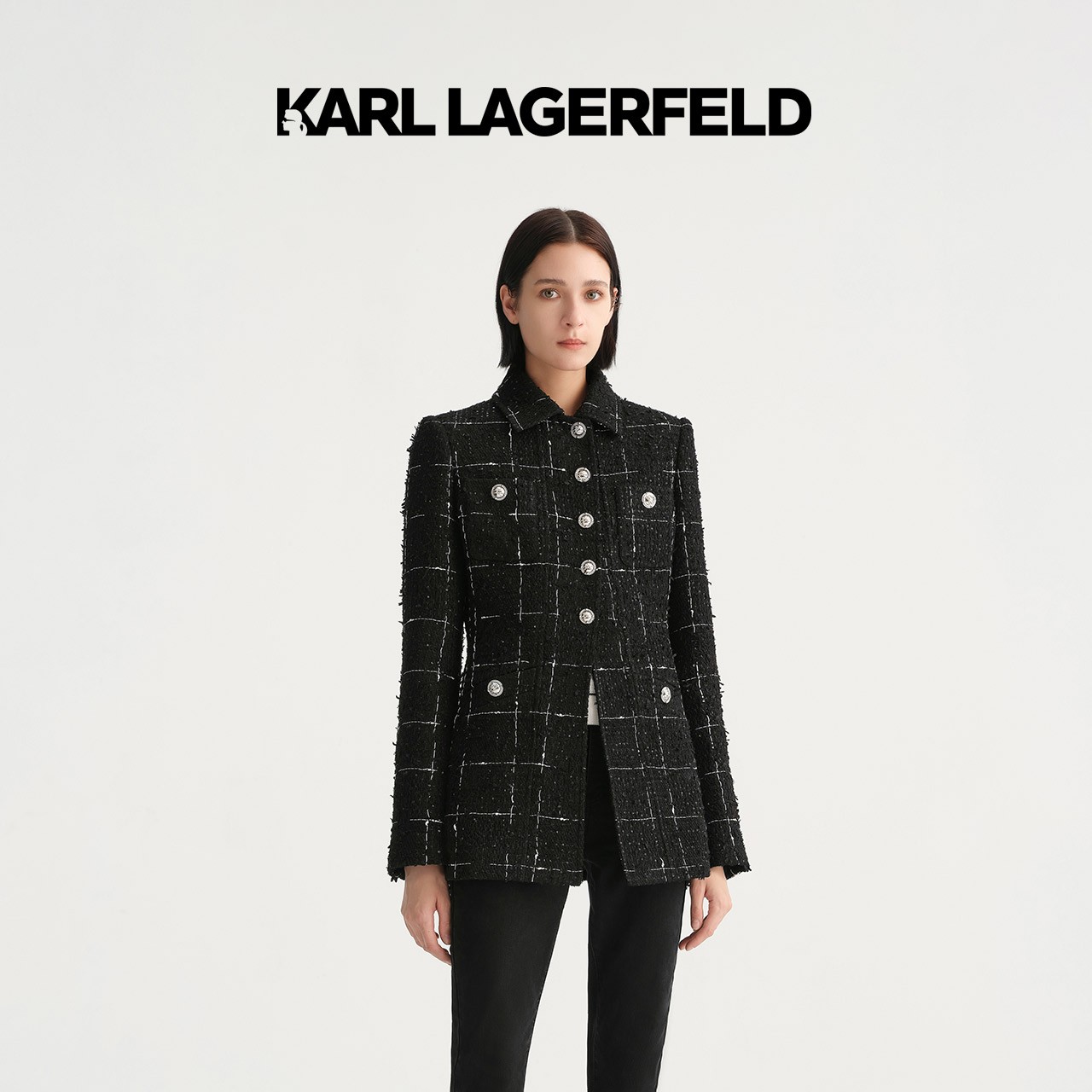 【Banjour专属】KARL LAGERFELD中长四袋撞色格纹花呢外套E36W1534