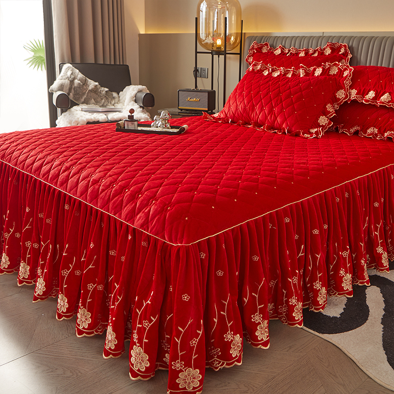 宝宝绒加厚床裙床套罩单件床罩三件套裙式公主风绣花床垫套水晶绒