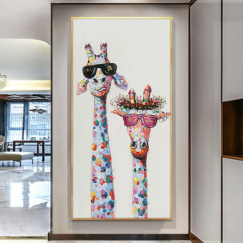 手绘油画动物长颈鹿立体壁画定制现代简约玄关装饰画走廊过道挂画