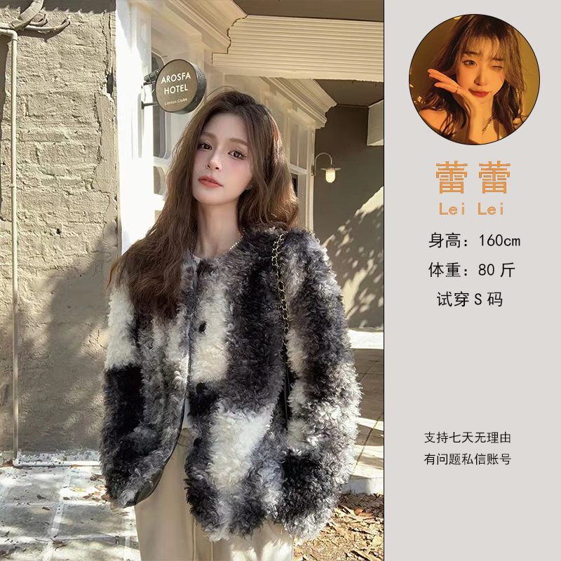 9992秋冬扎染毛毛外套加棉加厚仿羊圈毛保暖外套泼墨韩版宽松潮流