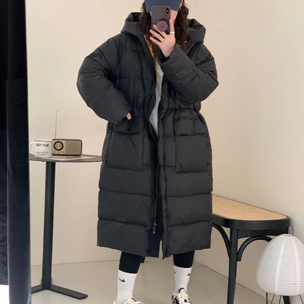 TY-【天邑严选】白色连帽羽绒服女中长款白鸭绒收腰显瘦DMBT057