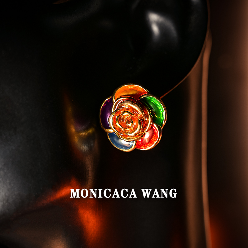 非金属玻璃耳饰 【MONICACA WANG】新款彩色玫瑰花耳钉YZF325