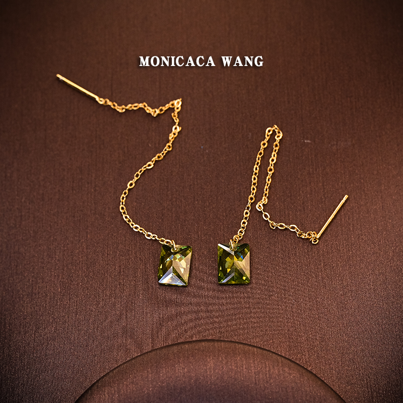 锌合金玻璃耳饰 【MONICACA WANG】橄榄绿锆石耳线耳饰E203