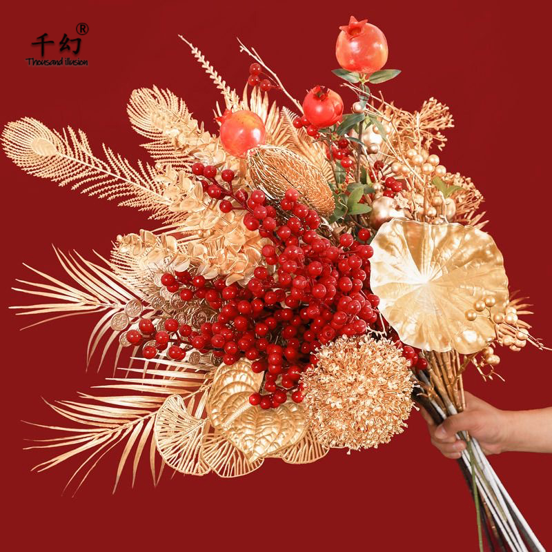 千幻年宵花新年福桶冬青仿真花配饰材料鲜花花束配饰金色红色