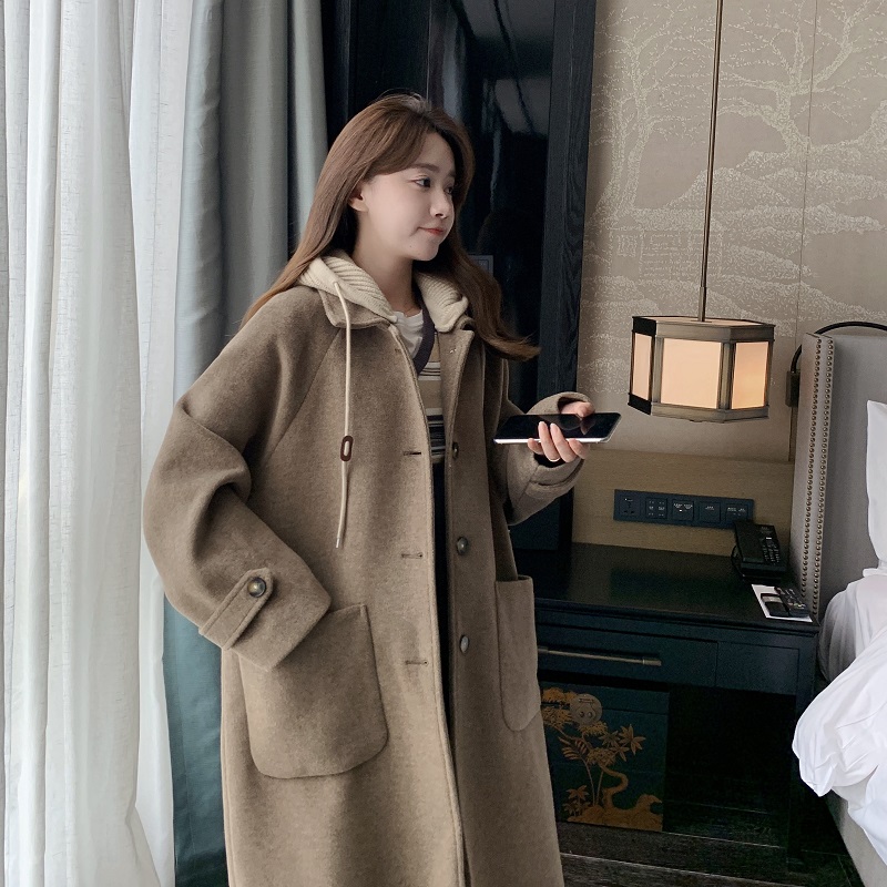 针织连帽毛呢外套女中长款秋冬2023新款韩系加棉加厚棕色呢子大衣