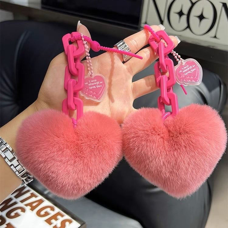 创意硅胶真獭兔毛爱心链条钥匙扣精致书包挂件汽车钥匙毛茸茸情侣