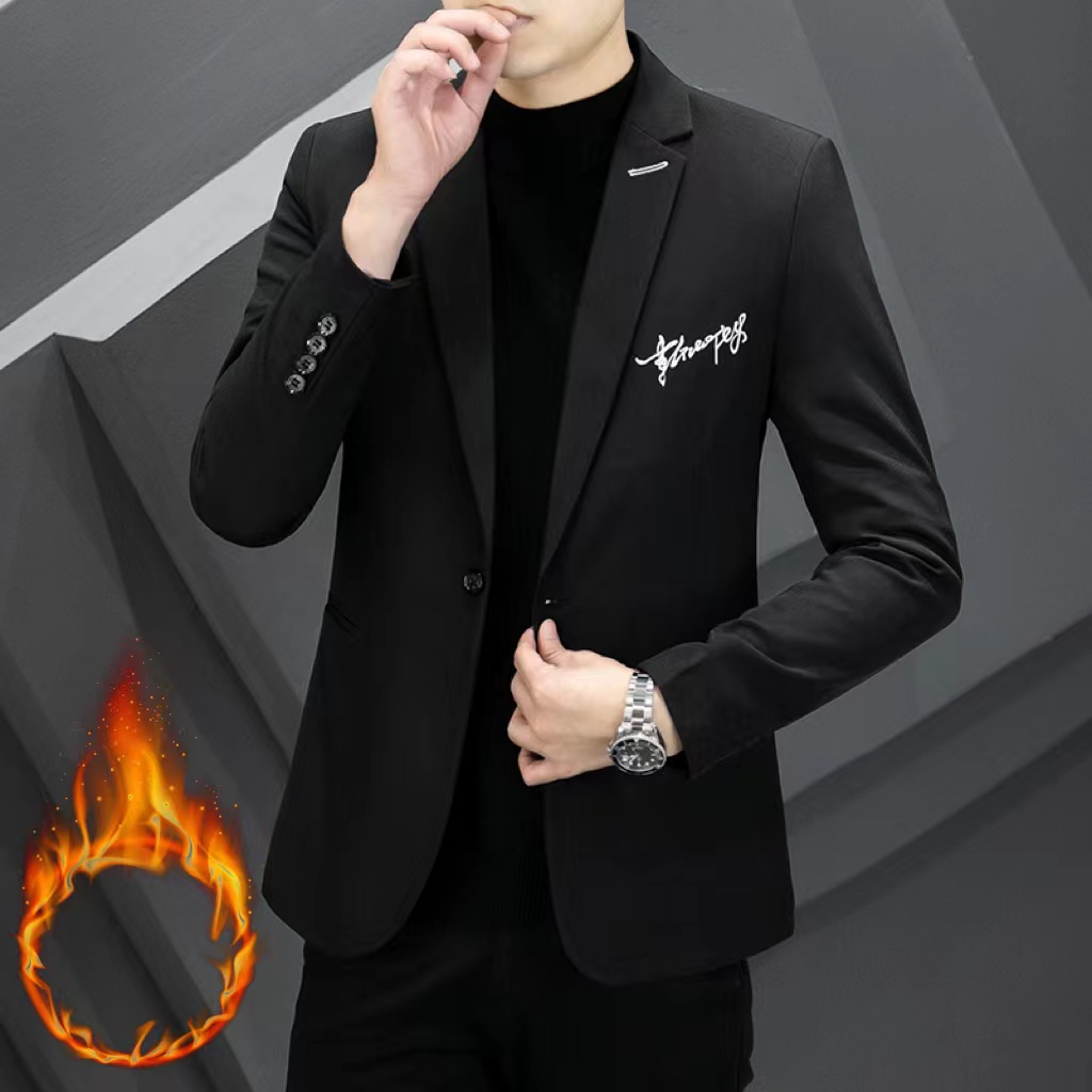 秋冬加棉款字母刺绣小西装2023新款休闲西装男修身帅气小西服外套