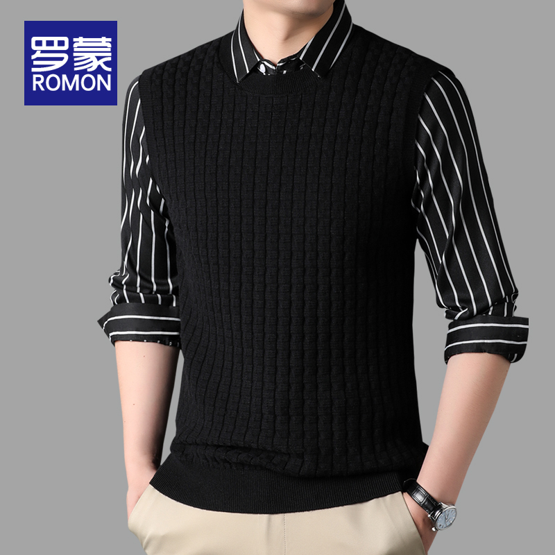 罗蒙秋冬款假两件毛衣男款爆款2024新款男士宽松时尚条纹针织衫男