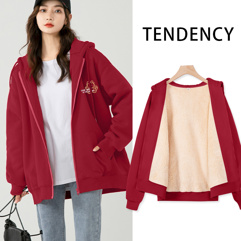 真维斯LIFE红色开衫卫衣女款2023冬季加绒加厚拉链上衣羊羔绒外套