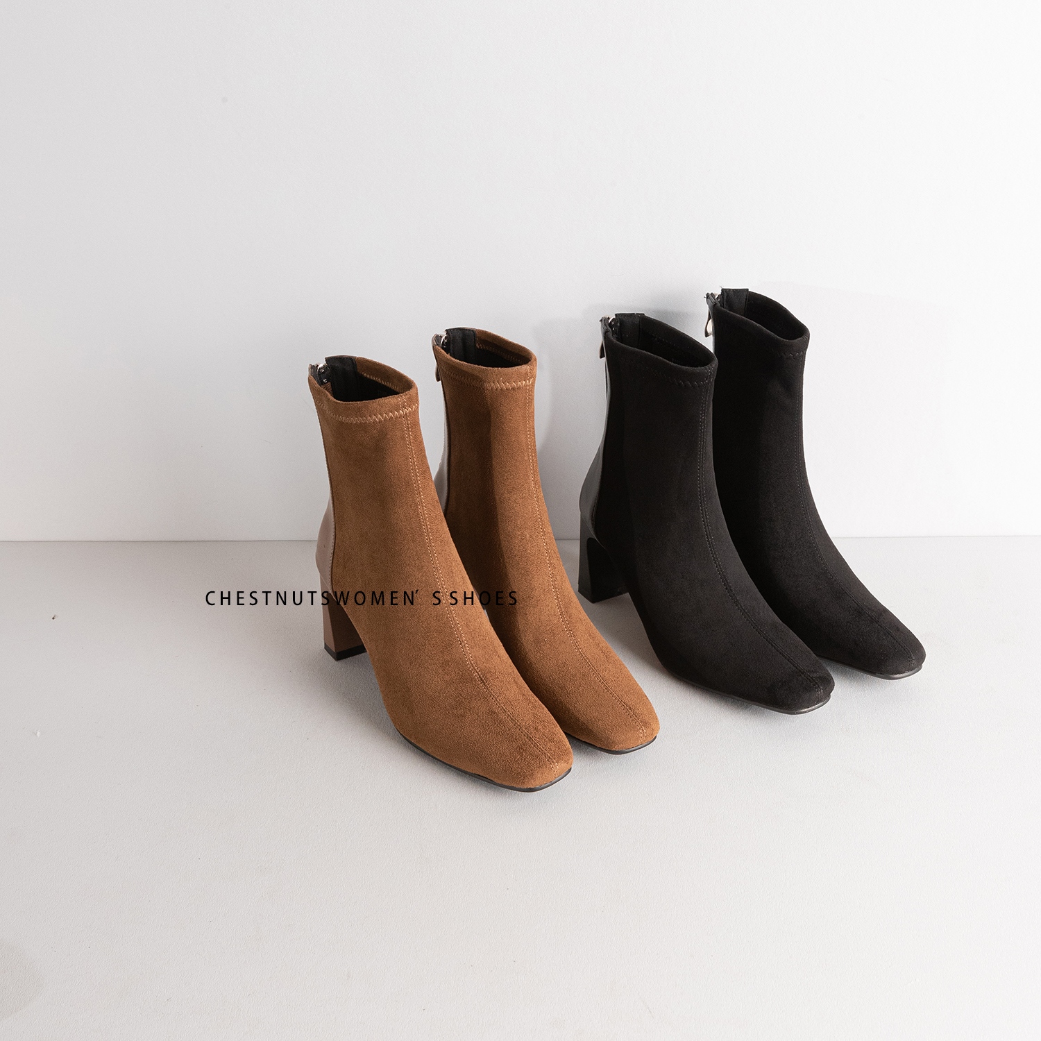 【栗子】韩版温柔简约百搭方头高跟短靴弹力瘦瘦靴7cm-X1355