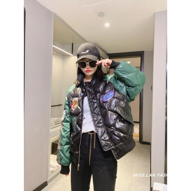 欧货拼色贴标加厚棒球服外套女冬季短款小个子百搭学生保暖棉服潮