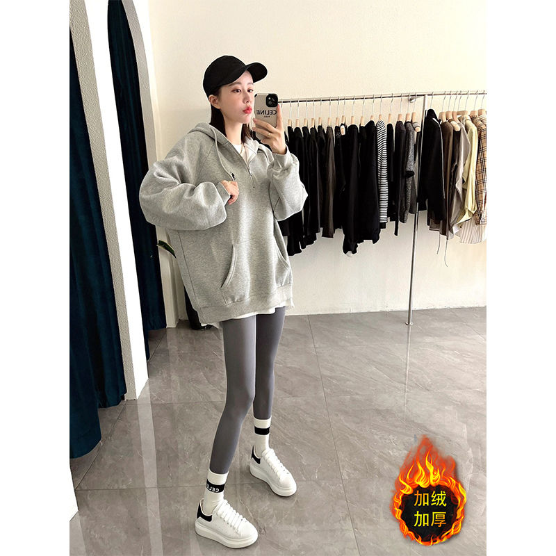 灰色连帽卫衣女2023新款爆款春秋冬季加绒加厚美式宽松半拉链外套
