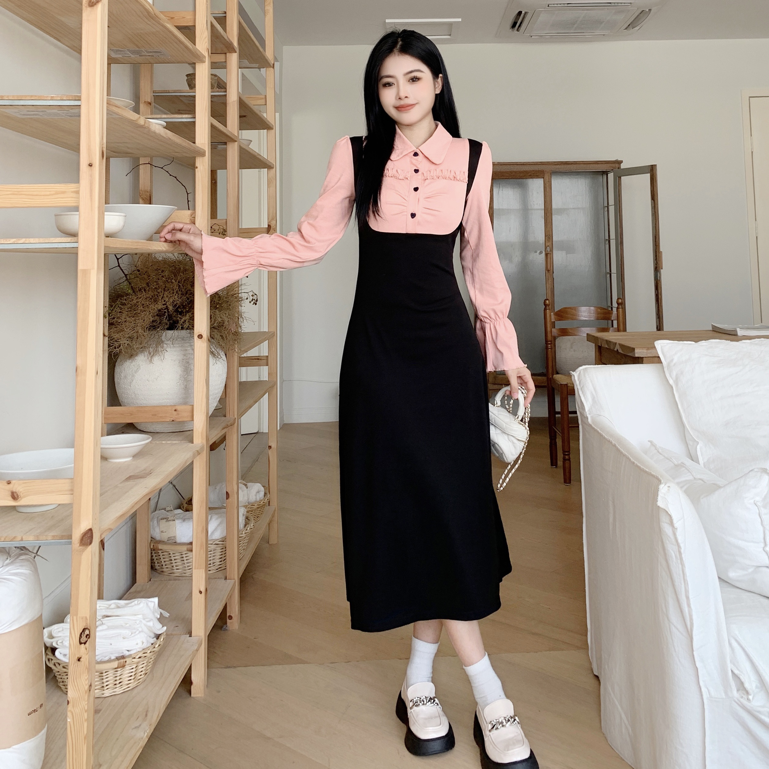 （少女心事）大码胖mm韩系针织拼接假两件长袖收腰显瘦衬衫连衣裙秋