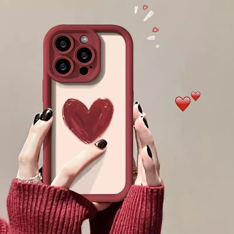 适用简约酒红涂鸦爱心iPhone15promax苹果13手机壳14全包12小众11