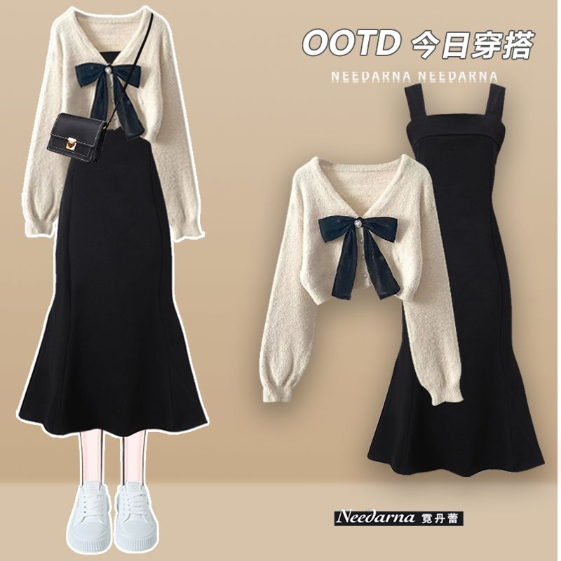 秋冬套装女2023新款高级感蝴蝶结短款毛衣女显瘦鱼尾连衣裙两件套