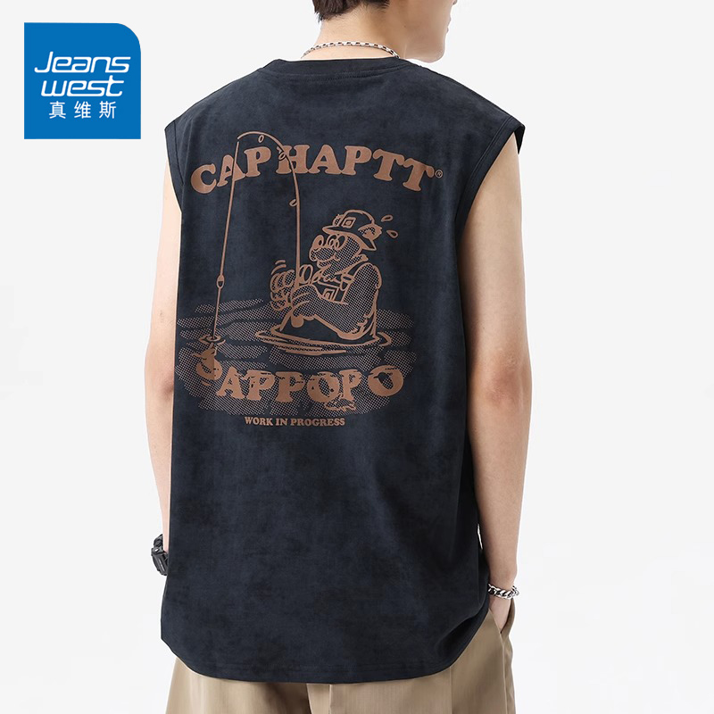 Jeanswest/真维斯背心男夏季宽松潮牌纯棉重磅坎肩健身无袖t恤男