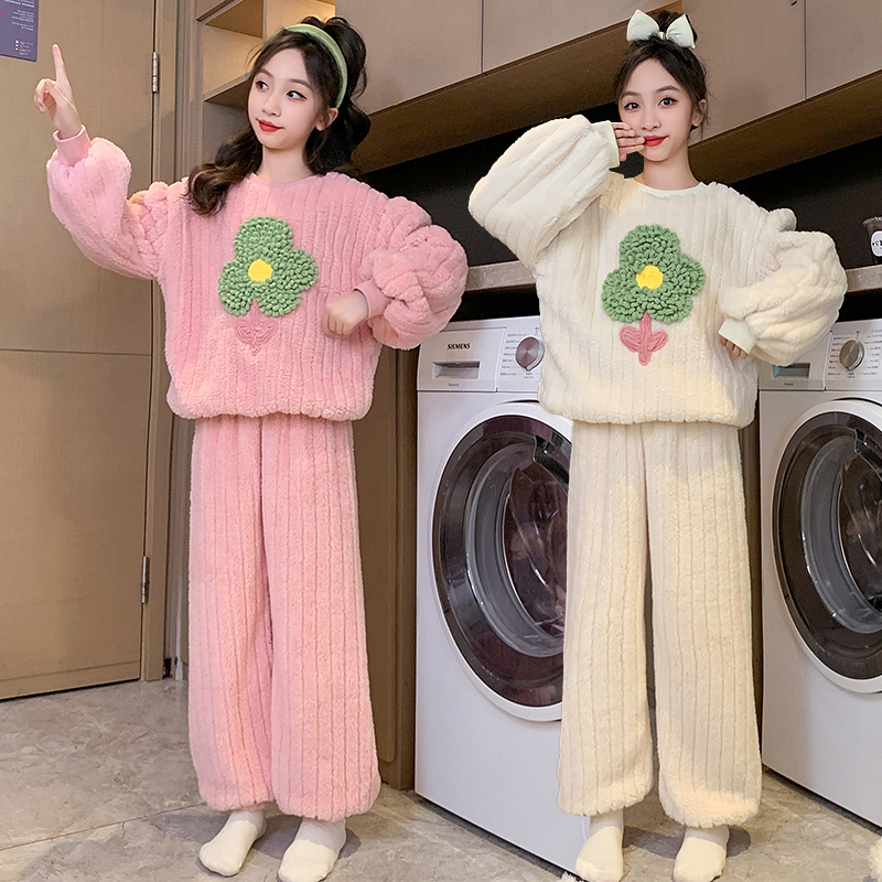 女童睡衣套装6-12岁15岁中大童小女孩秋冬季珊瑚绒加厚保暖家居服