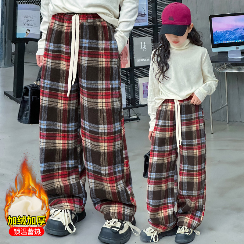 女童加绒裤子冬季2023新款6-12岁15岁中大童潮休闲加厚格子阔腿裤