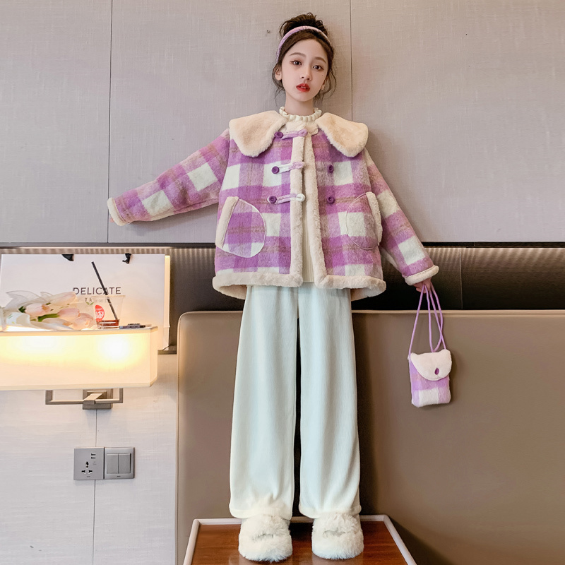 女童妮子外套冬季加绒加厚2023新款6-12岁15岁中大儿童洋气小香风