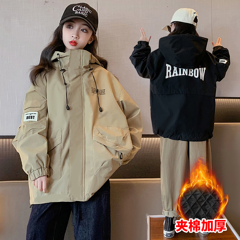 女童冲锋衣外套夹棉加厚2023新款6-12岁15岁中大儿童秋冬休闲运动