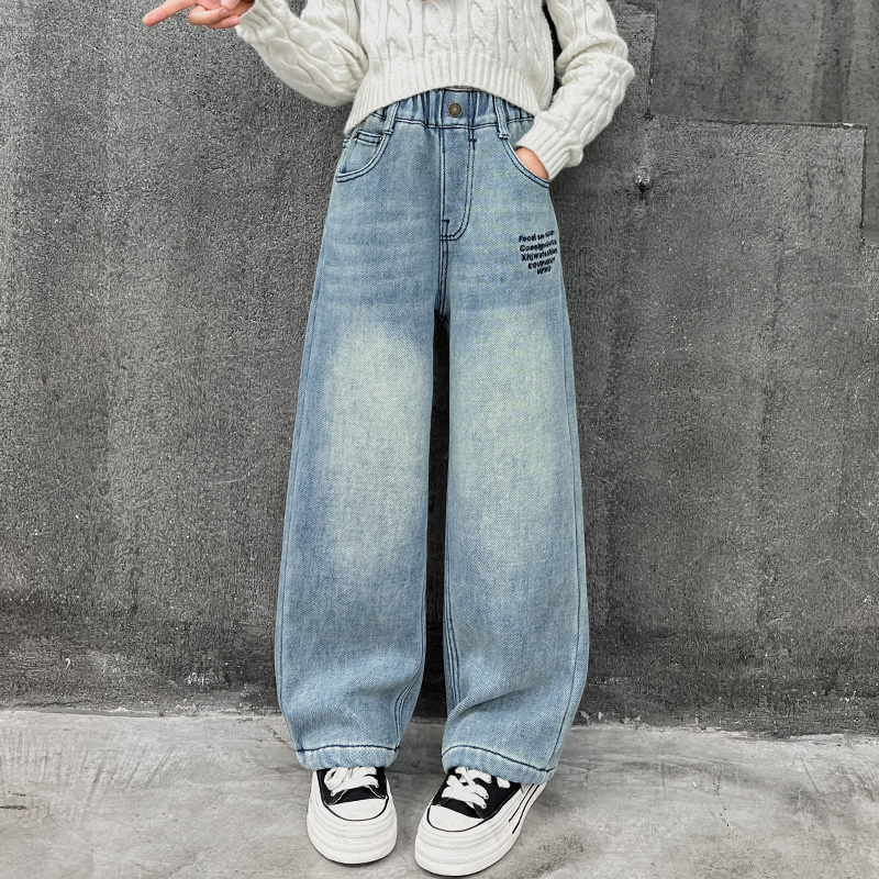 女童加绒牛仔裤洋气潮流6-12岁15岁中大童2023新款休闲直筒阔腿裤