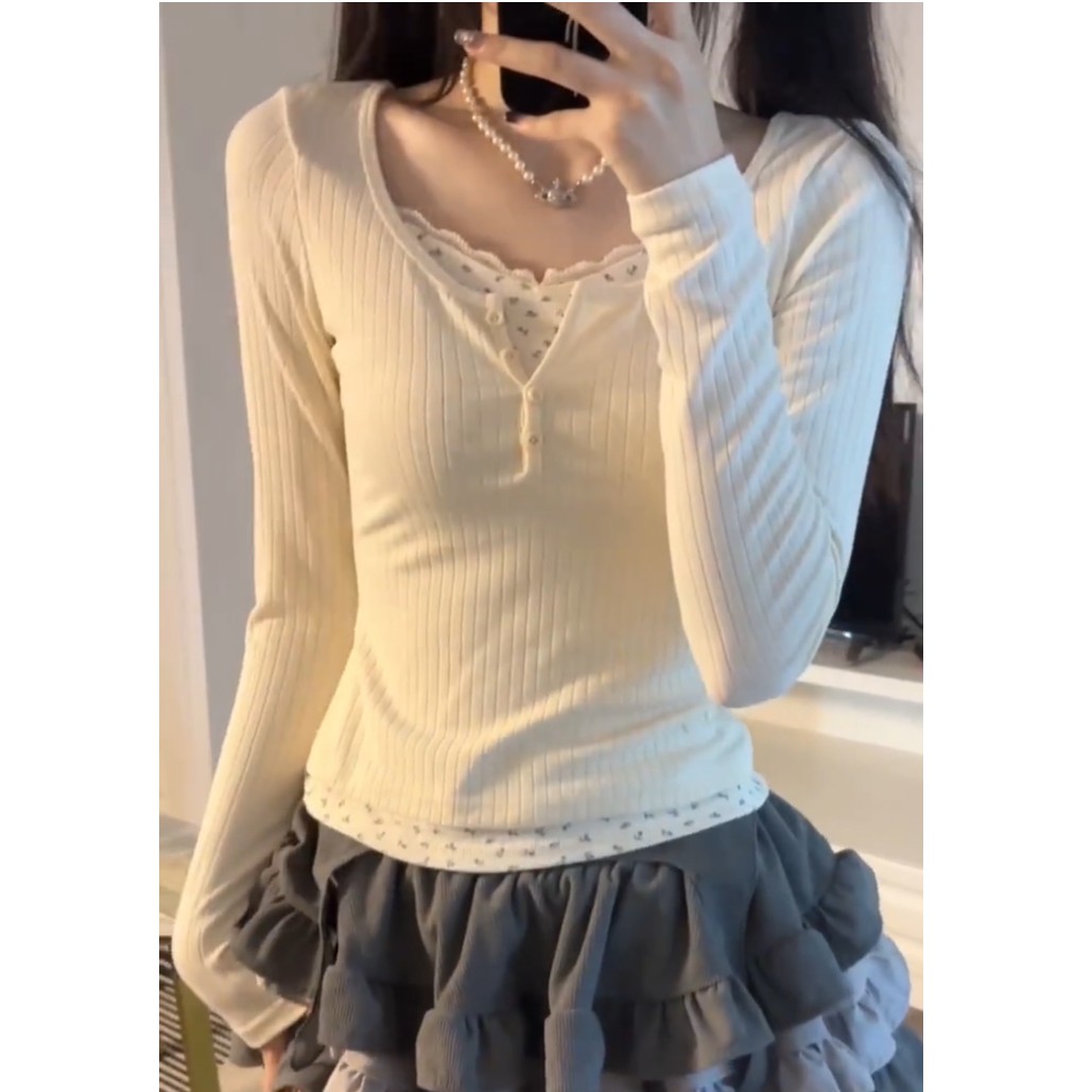 【甜美】碎花拼接假两件T恤女秋冬新款内搭修身打底衫长袖洋气百搭