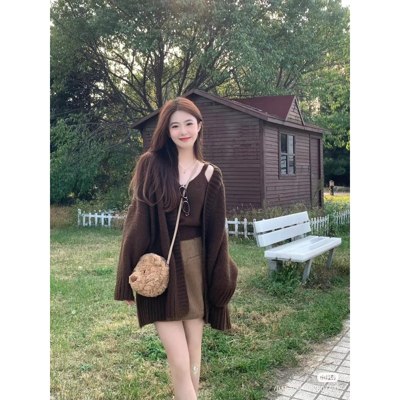 复古咖色毛衣开衫女秋冬季宽松慵懒风温柔软糯开衫外套美拉德穿搭