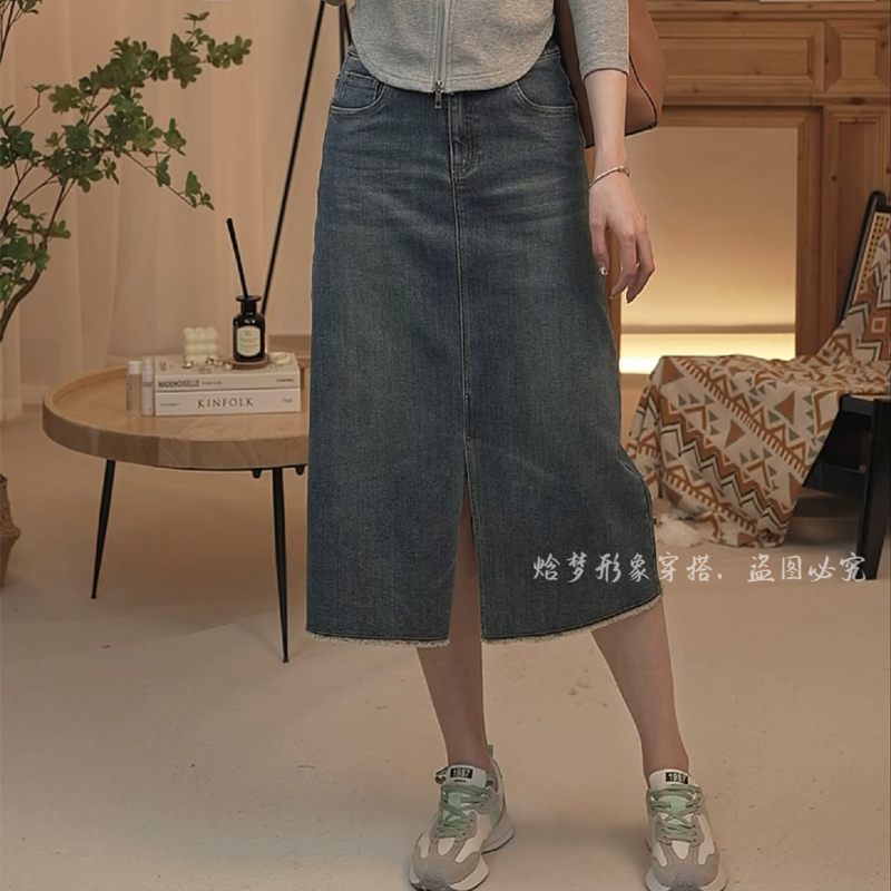 【焓梦精选】 醋酸+莱赛尔 复古高腰牛仔半身裙遮胯显瘦中长裙8017