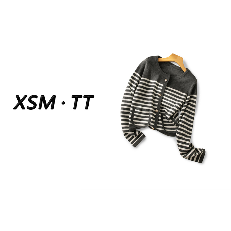 圆领单排扣条纹开衫简约风显瘦521鱼尾灰/AS