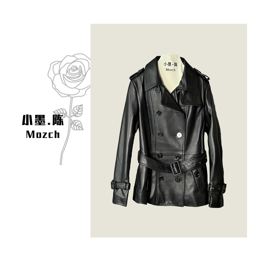 【小黑家】长61高端柔软真绵羊P短款翻领双排扣B家收腰显瘦风衣皮衣