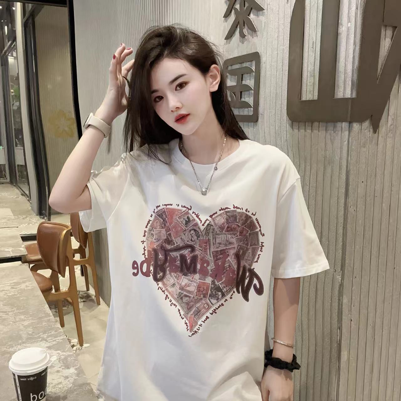 【邮票爱心】纯棉高品质李西西内搭短袖室内t恤 宽松休闲时尚纯棉