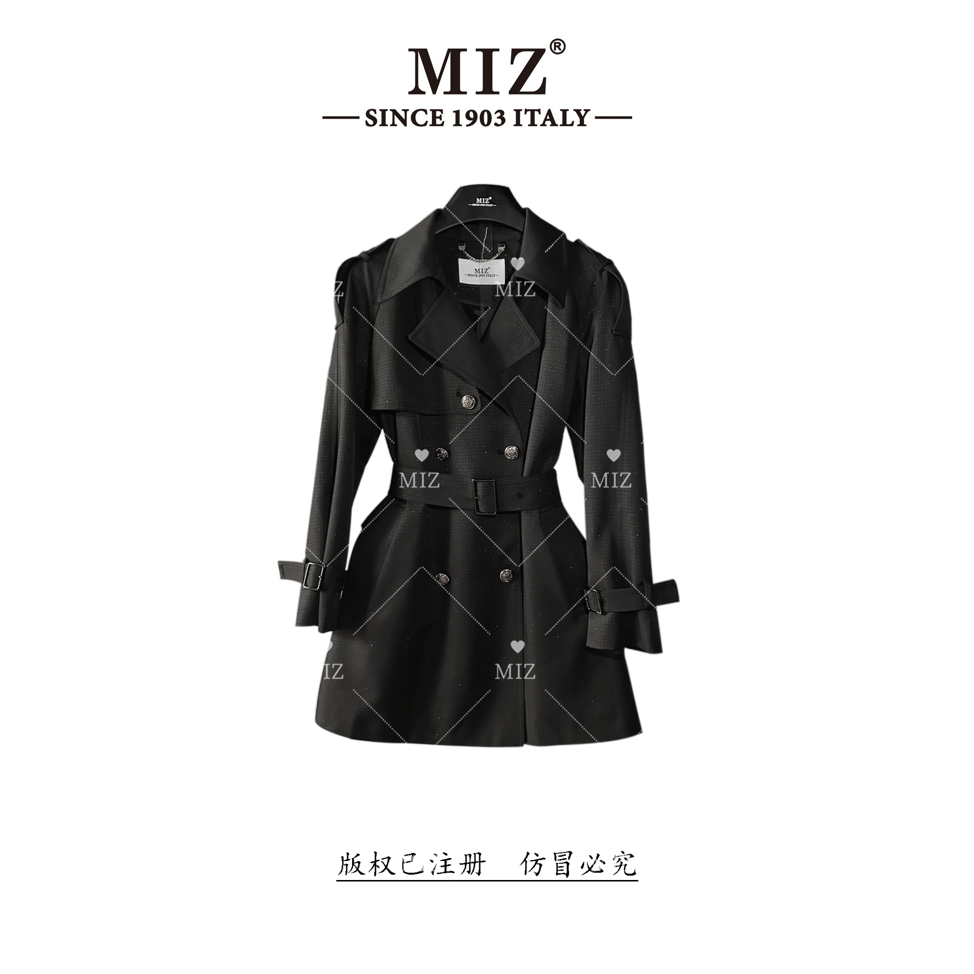 【MIZ】设计师秋季气质轻奢时尚黑色收腰风衣外套2335015