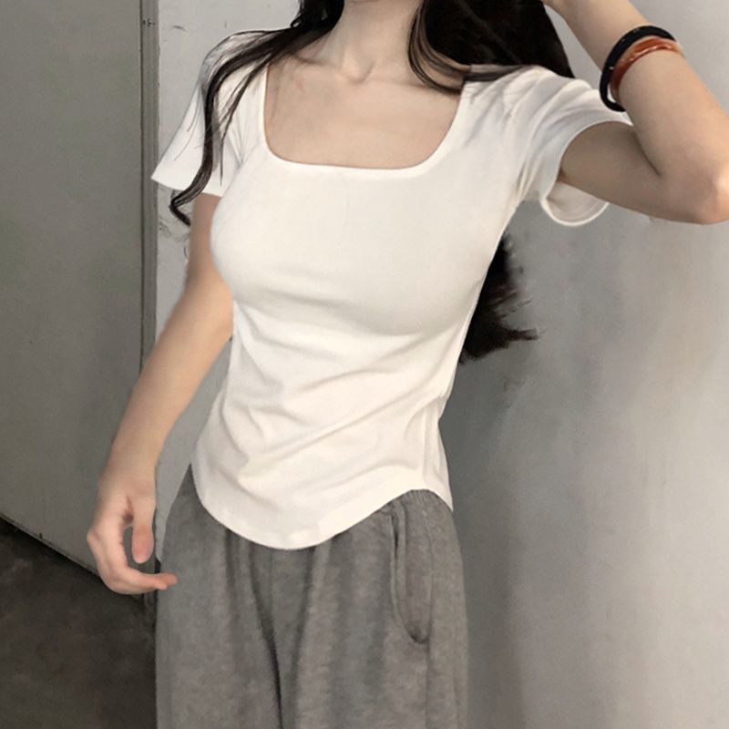 2024短袖t恤女夏季薄款韩版设计感修身显瘦方领上衣女小众打底衫