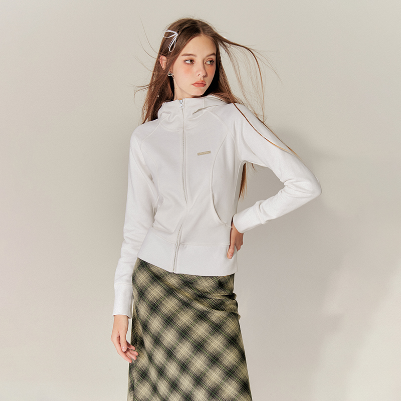 NNOVA秋冬半高领修身拼接连帽开衫拉链卫衣